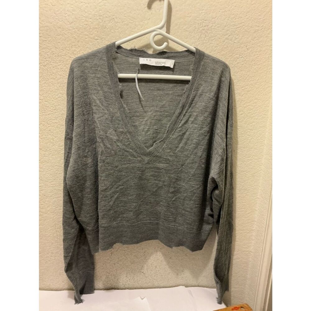 IRO Gray Briscoe V-Neck Knit Sweater sweatshirt ripped Large